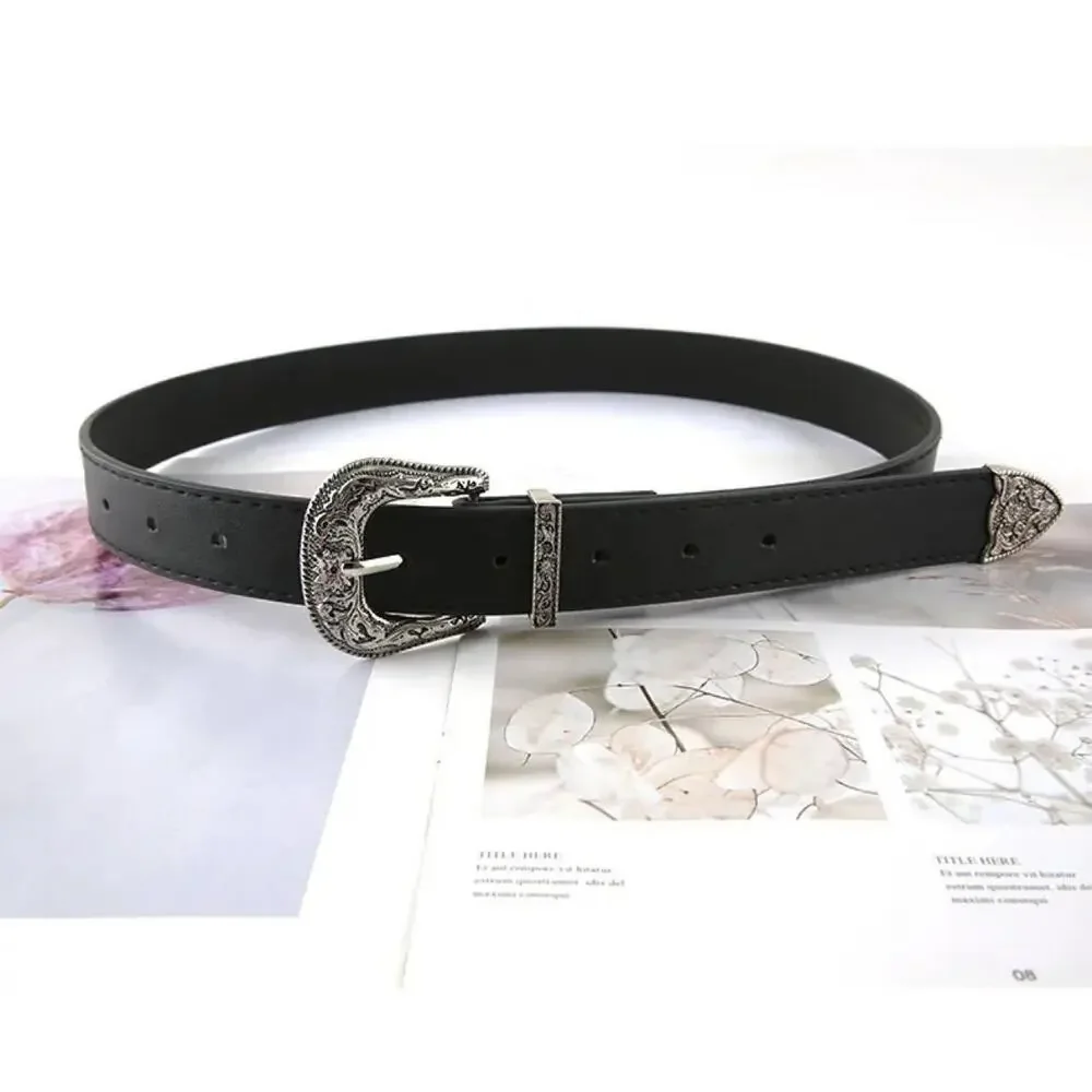 Black faux leather belt silver western buckle boho vintage y2k minimalist
